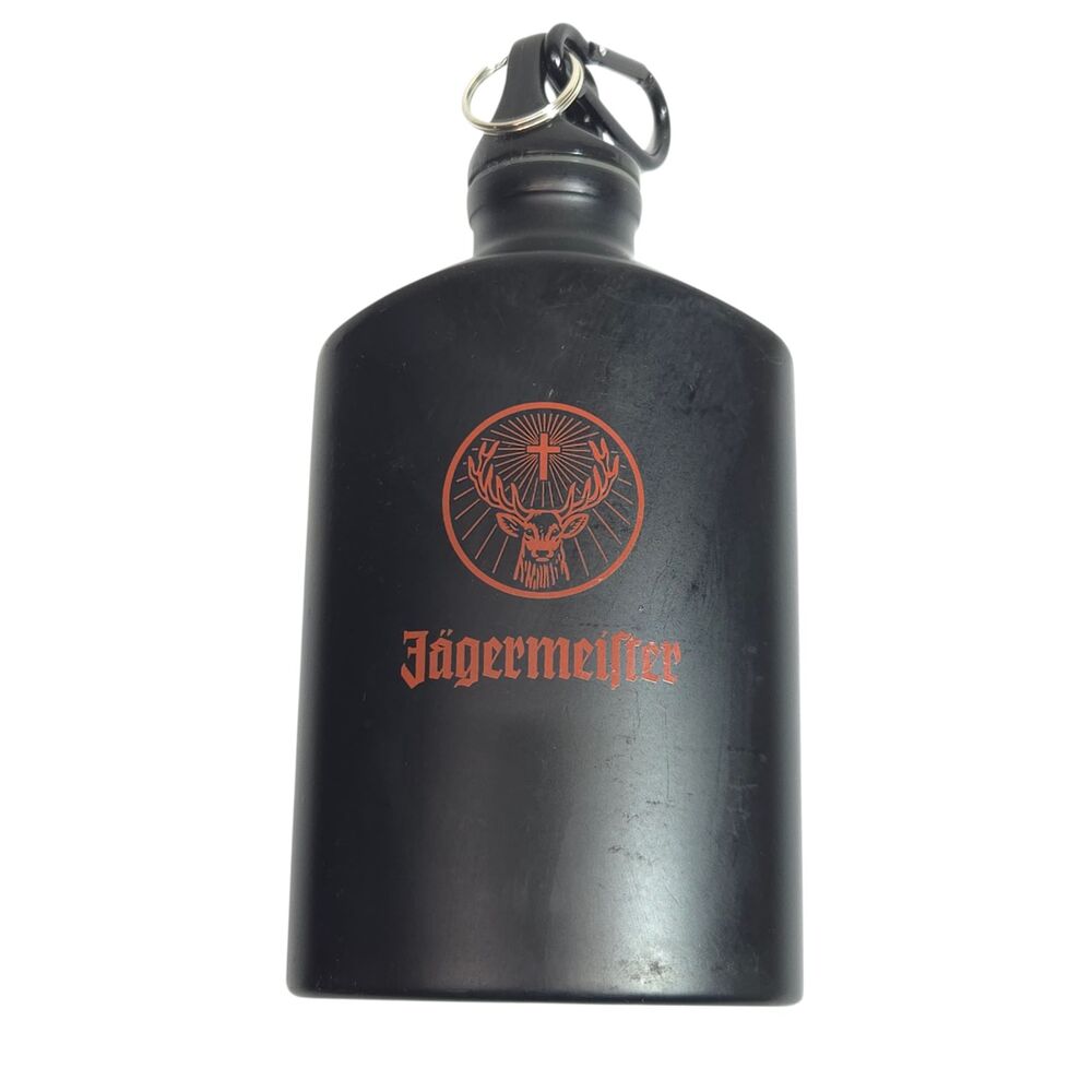 Jägermeister Black Metal Canteen Flask Water Bottle Carabiner Hook